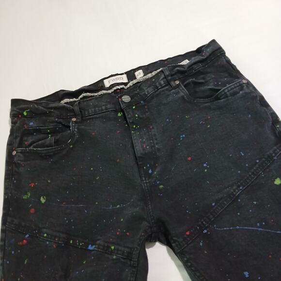 FWRD Denim 42 black skinny jeans paint splatter effect inseam 34 inset knees - Picture 3 of 12